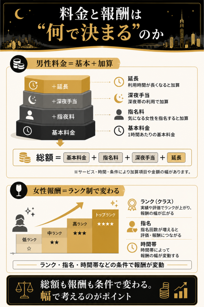 男性料金が基本料金と加算で決まる仕組みと、女性報酬がランク制で変わる仕組みを示した構造図。