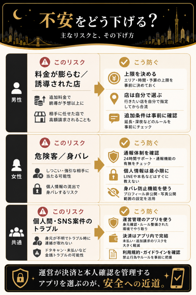 福岡のギャラ飲みで男女が注意すべきリスクと、その下げ方を回答カード形式で整理した図解。