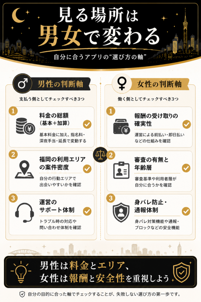 アプリ選びの判断軸を、男性は料金とエリア、女性は報酬と安全性として左右で対比した図解。