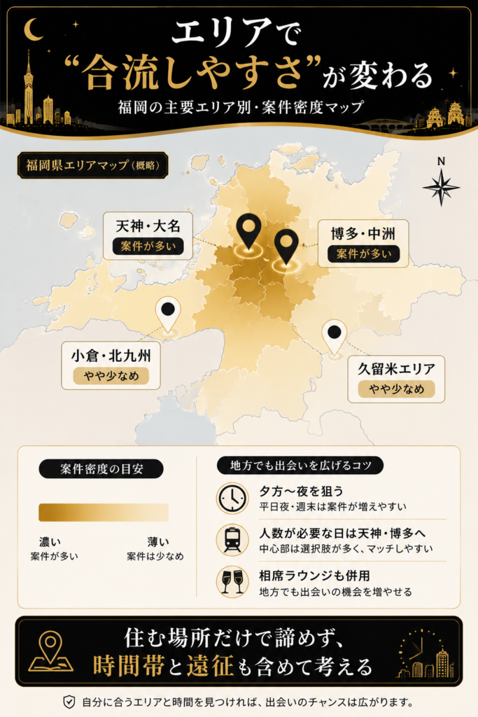 天神・博多・中洲と小倉・北九州・久留米など、福岡の地域別の案件密度を濃淡で示した抽象マップの図解。