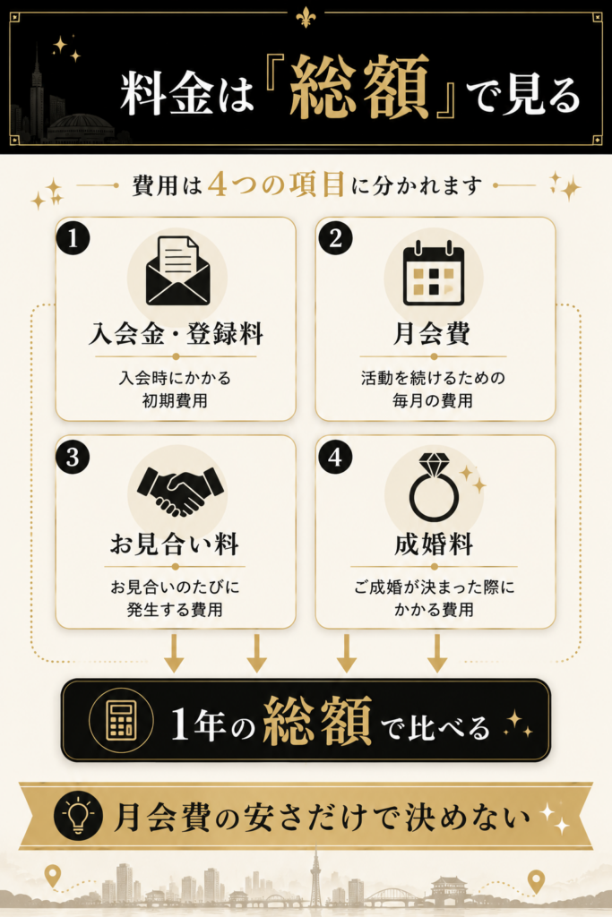 入会金・月会費・お見合い料・成婚料の4費目が1年の総額に集約することを示した図