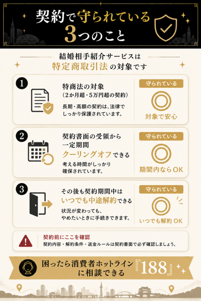 結婚相談所は特商法の対象でクーリングオフや中途解約で守られていることを示したチェックリスト図