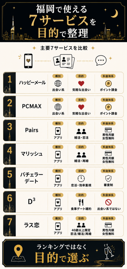 福岡で使える主要7サービスを種別・目的・料金体系で整理した比較カードの図解