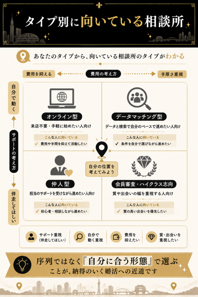 費用とサポートの2軸であなたのタイプに向く相談所タイプを示した目的別マッチング図
