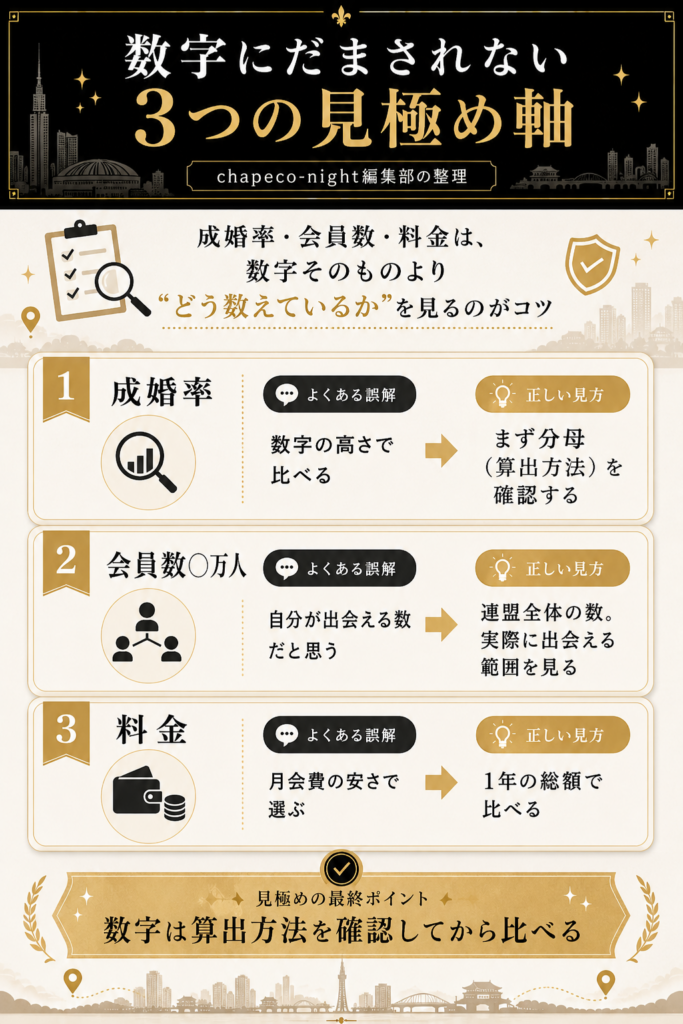成婚率・会員数・料金の数字にだまされない3つの見極め軸を整理した独自フレームワーク図