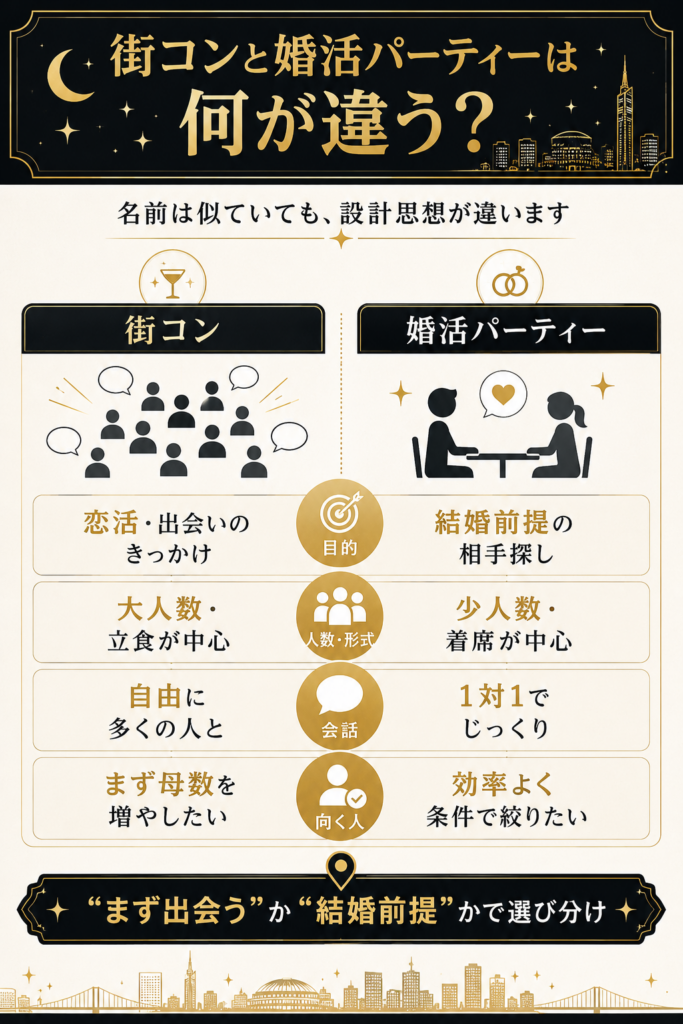 街コンと婚活パーティーの目的・人数・会話・向く人の違いを左右で対比した図解