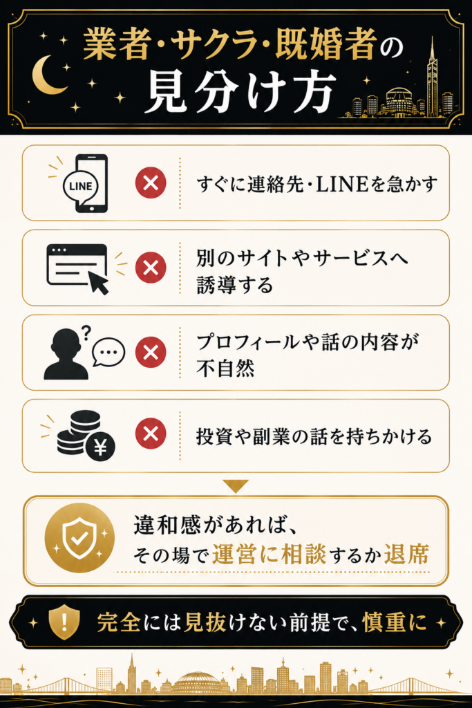 街コンで業者・サクラ・既婚者を見分ける4つの危険サインと対処を示したチェックリスト図解