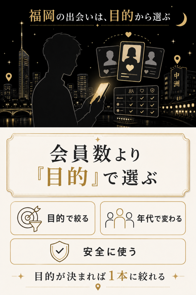 福岡のマッチングアプリ選びは会員数ではなく目的で選ぶという結論と要点を整理したダイジェスト図解