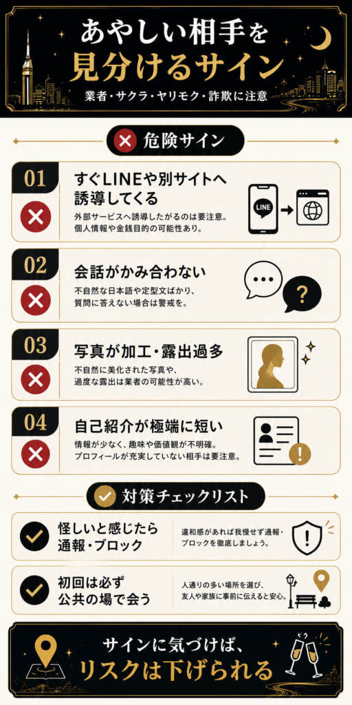 業者やサクラ、ヤリモクを見分ける危険サインと対策をまとめたチェックリスト図解