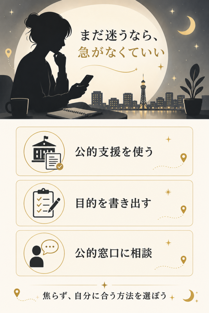 アプリで決めきれない人に向けて公的支援や相談など別の解決ルートを落ち着いて示した案内図解
