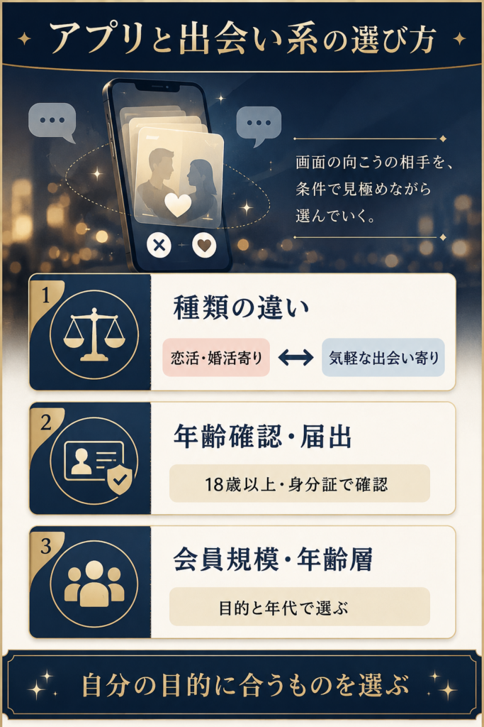 マッチングアプリと出会い系の違いと安全な選び方の軸を示した図解
