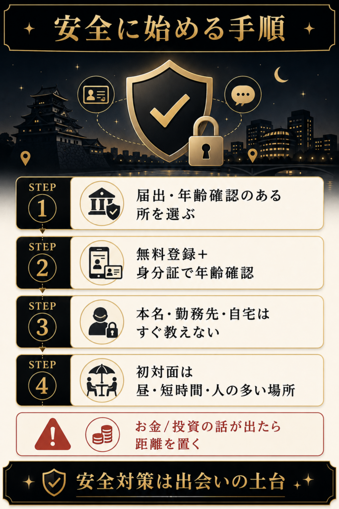 出会いを安全に始める手順と危ない相手の見分け方をまとめた図