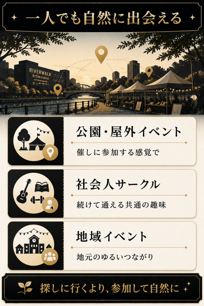 小倉で一人でも参加しやすい公園イベント・趣味の出会いの場の図解