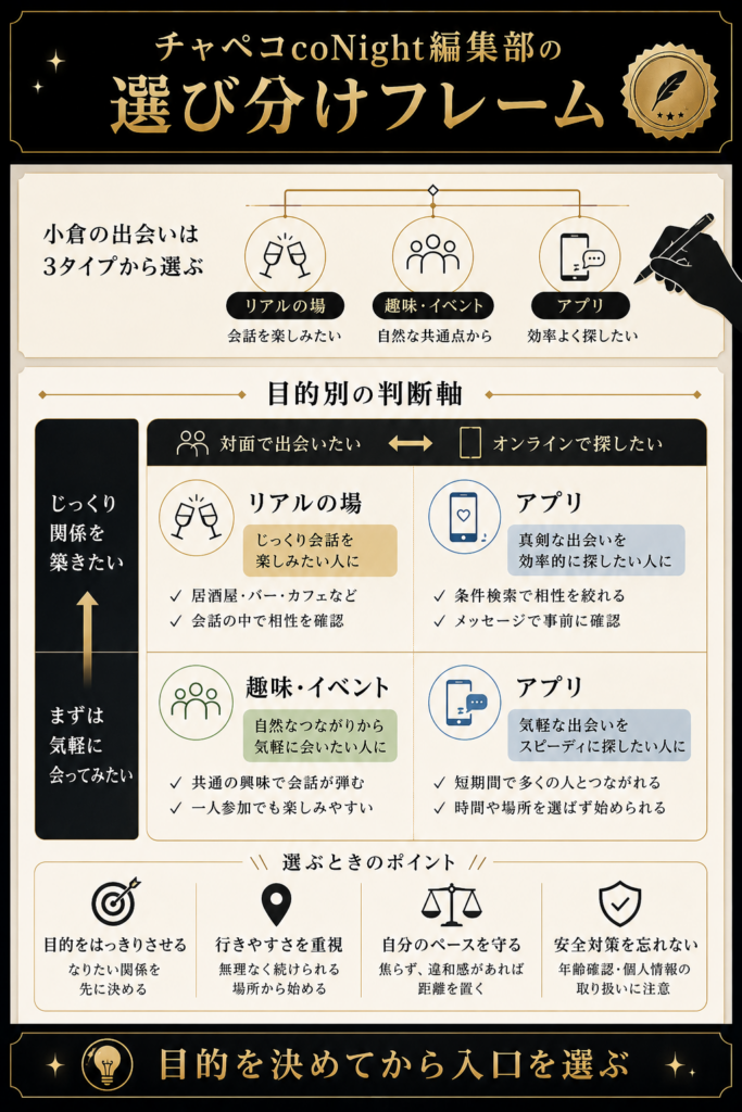 小倉の出会い3タイプを目的別に選び分ける編集部フレームの図