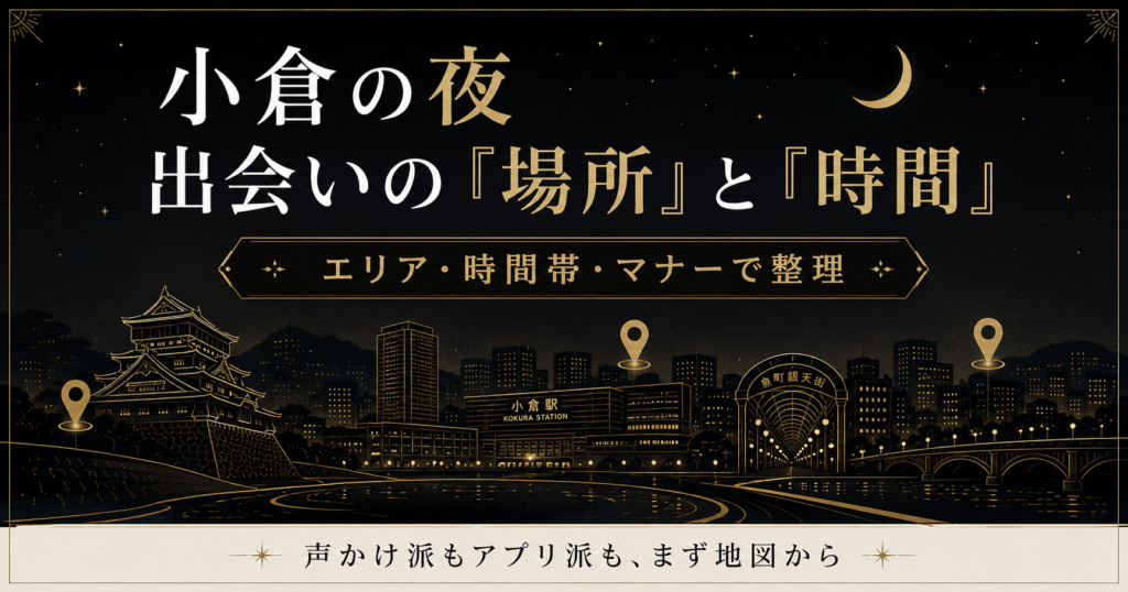 小倉の夜の繁華街マップに出会いの場所を示した、エリア・時間・選び方の整理図