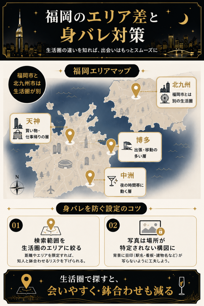 天神・博多・北九州のエリア差と身バレを防ぐ設定のコツを地図形式でまとめた図解