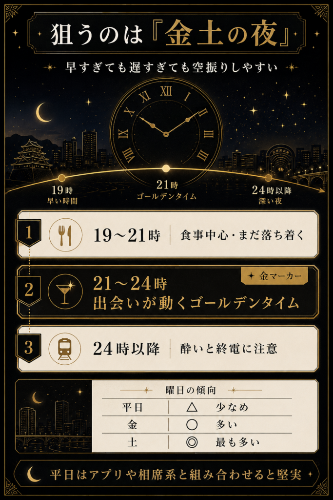 金土の夜が狙い目で21〜24時が動きやすいと示す、時間帯と曜日の整理図