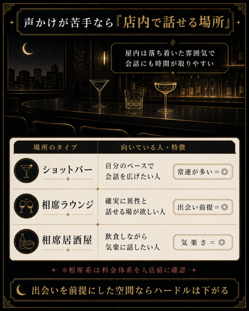 ショットバー・相席ラウンジ・相席居酒屋の向く人を中立比較した図