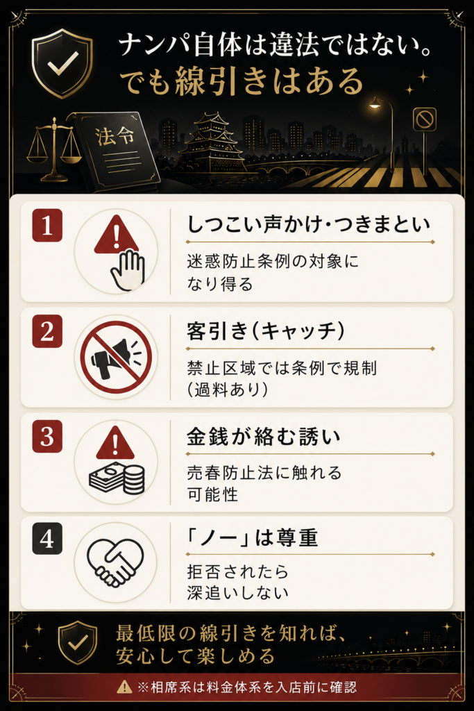 つきまとい・客引き・金銭の誘い・拒否の尊重など注意すべき線引きの整理図