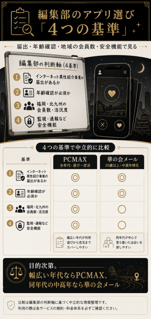 届出・年齢確認・会員数・安全機能の4基準でアプリを中立比較した編集部フレーム図