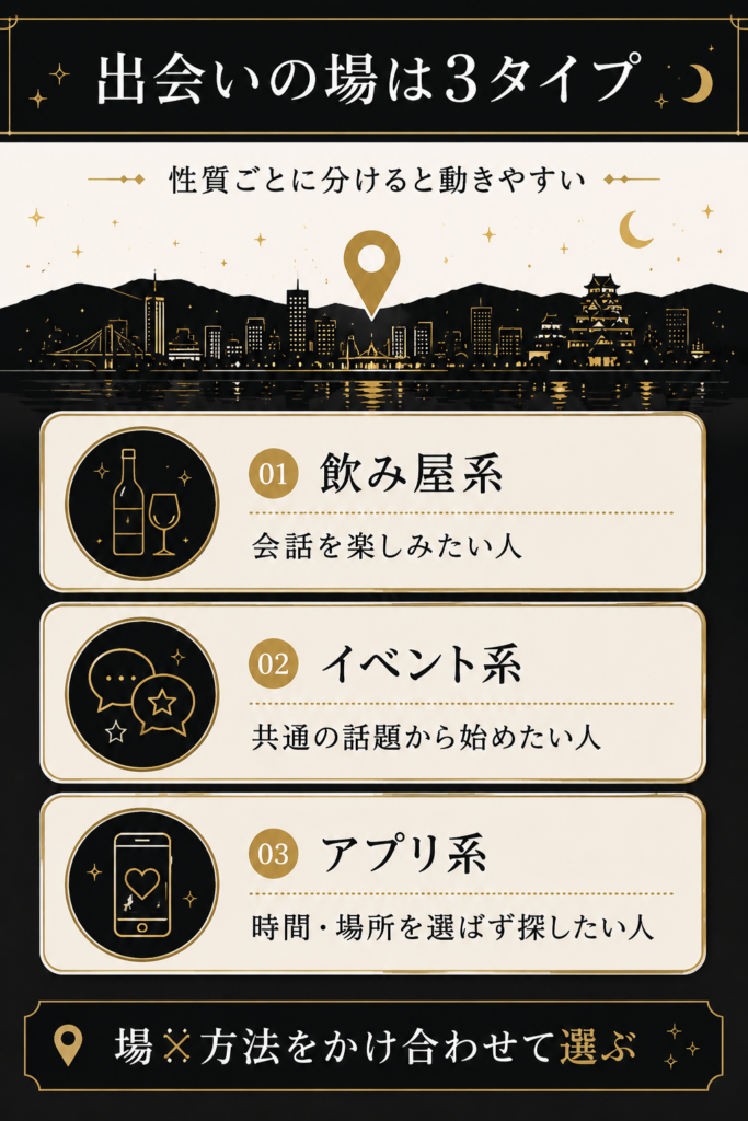 北九州の出会いの場を飲み屋系・イベント系・アプリ系の3タイプに分類した図解