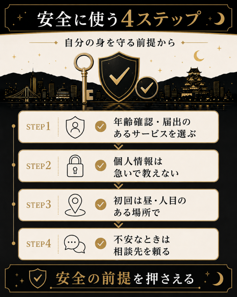 アプリや出会い系を安全に使う4ステップをまとめた図解