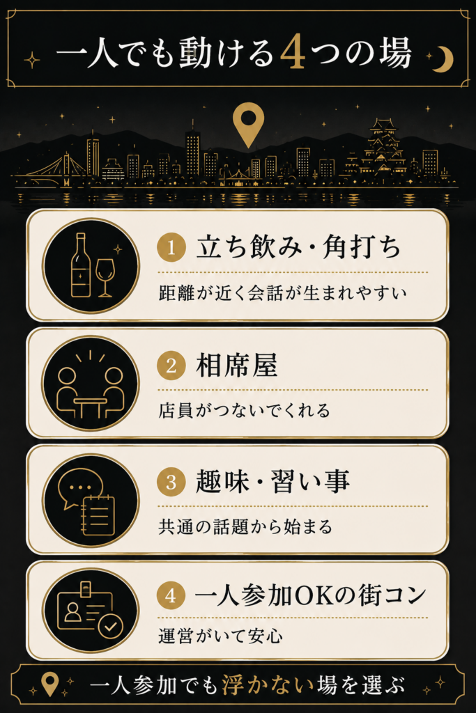 一人でも行ける出会いの場4つ(立ち飲み・相席・趣味・街コン)を示す図解