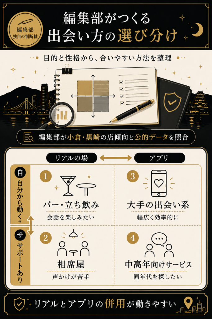 目的と性格から出会い方を選び分ける編集部の判断マトリクス図解