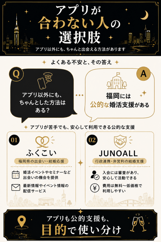 アプリが合わない人向けに福岡の公的な婚活支援の選択肢を対話形式で整理した図解