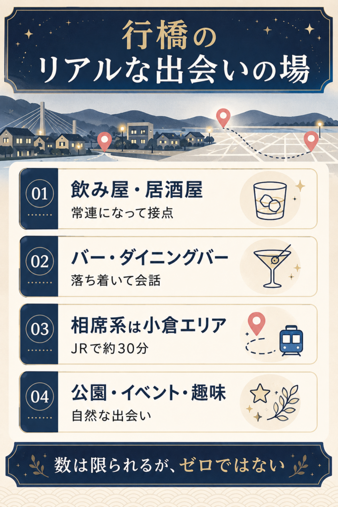 行橋のリアルな出会いの場を種類別に整理した図解
