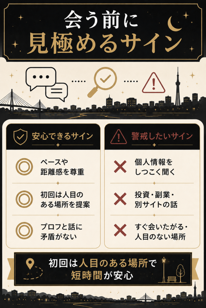 会う前に見極める安心サインと警戒サインの図解