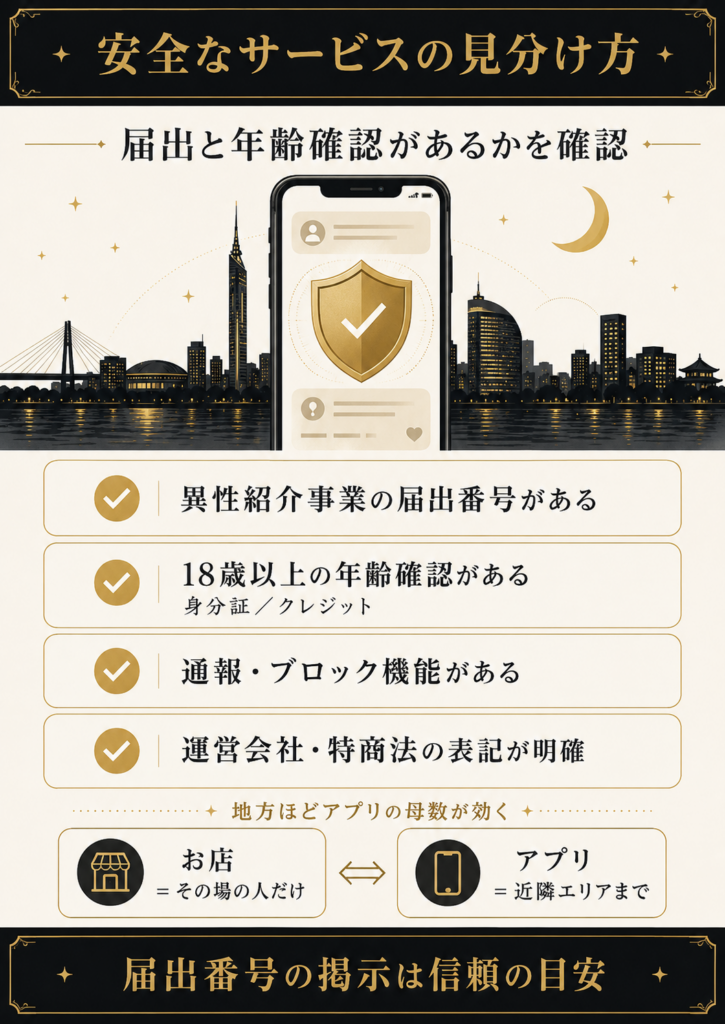 届出と年齢確認で安全なマッチングサービスを見分ける4つのチェックを示した図解