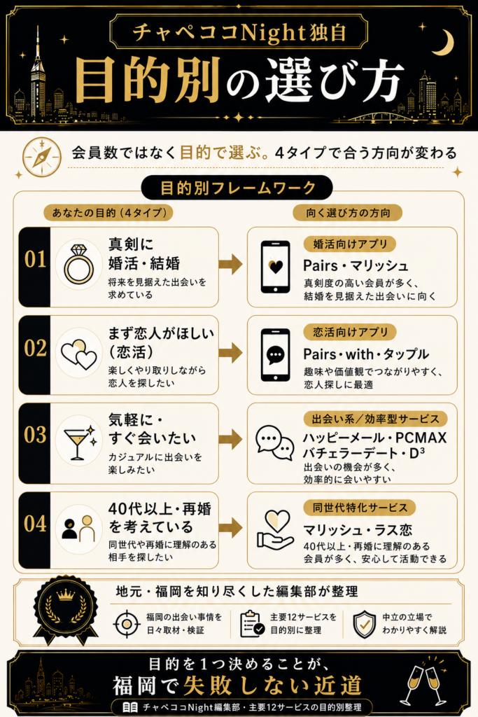 目的別に最適なサービスを選ぶ判断軸を四つのタイプで示した独自フレームワーク図解