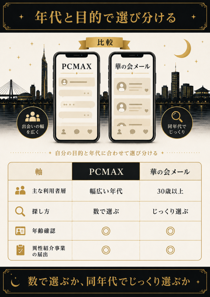 年代と目的でPCMAXと華の会メールを中立に比較した選び分けの図解