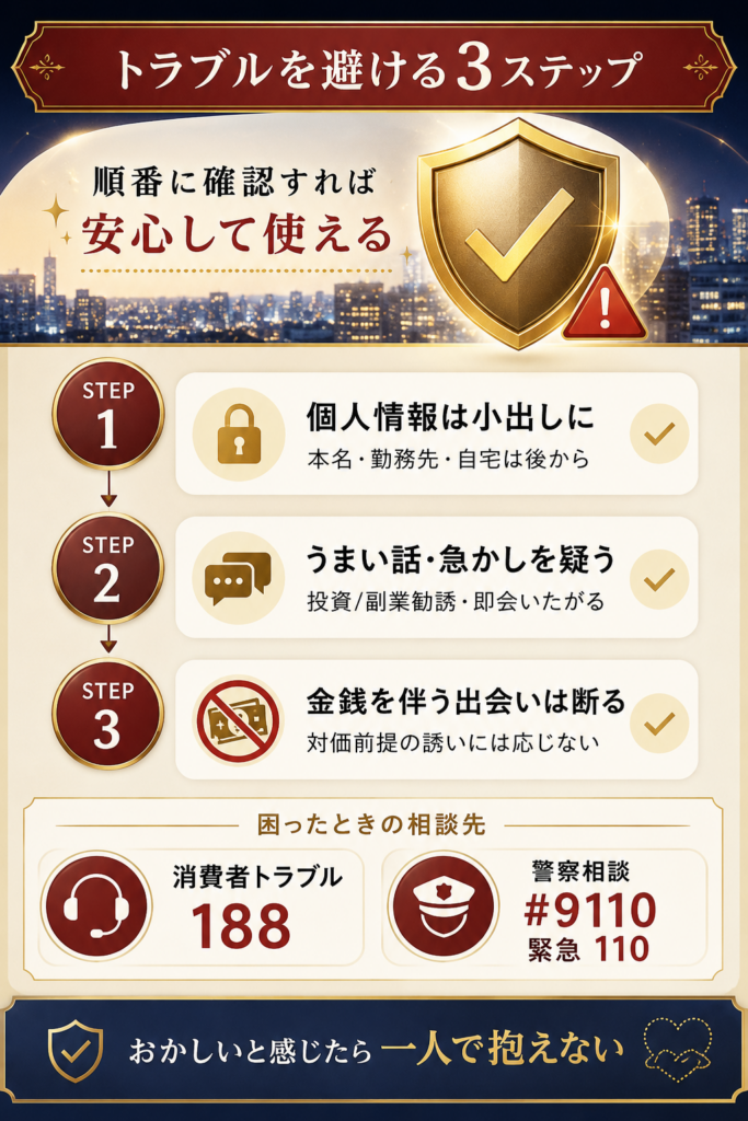 出会いの詐欺や金銭トラブルを避ける3ステップと相談先を示した図解