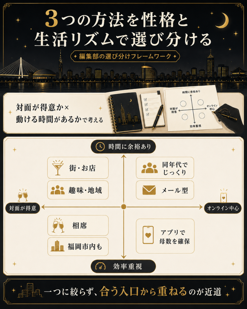 出会いの3方法を性格と生活リズムの2軸で選び分ける編集部フレームワーク図解