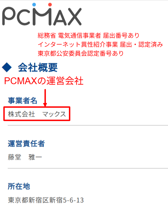 PCMAX公式に記載されたインターネット異性紹介事業の届出認定番号と運営会社の表記